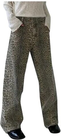 Generic Jeans con Leopardo Marrone Chiaro da Donna e da Uomo Pantaloni da Donna Oversize a Gamba Larga Pantaloni da Strada Stile Hip Hop Vintage in Cotone Largo Casual Pantaloni da Paracadute con Stampa