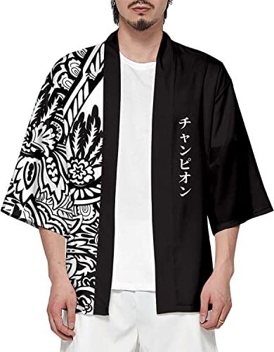 CIZEUR Camicia Kimono T Shirt Uomo Maniche 3/4 Cardigan Giacca Top Casual Camicetta Vintage Elegante Estiva Coppia, L Black White