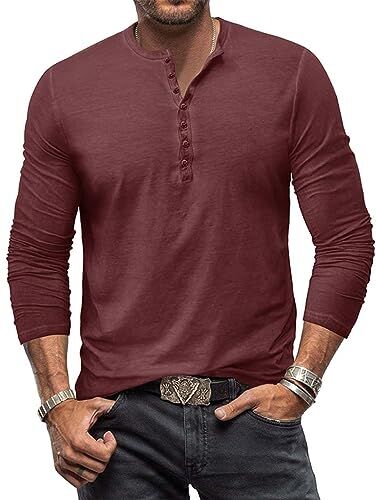 RQPYQF Maglietta da Uomo Manica Lunghe Casuale Henley Shirt Uomo t Shirt Vintage Uomo CS07 Taglia S-XXL (VinoRosso, L)