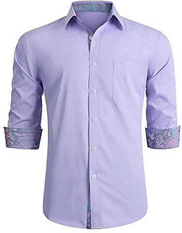 HISDERN Camicie a Maniche Lunghe Viola Chiaro Design Unico da Uomo Paisley Button Down Camicia da Lavoro Classica con Colletto da Sposa Casual Formale