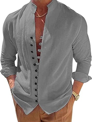 Puimentiua Camicia Lino Uomo Elegante Camicia Estiva Maniche Lunghe Camicia Coreana Uomo Tinta Unita Vacanze Beach