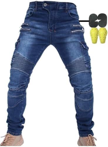 CBBI-WCCI Uomo Pantaloni da Moto Biker Jeans Protezione Motorcycle Pantaloni Rinforzato Slim Fit Armature Pants, 4 x Pad di Protezione (L= 32W / 32L, Blu)