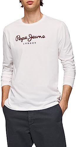 Pepe Jeans Eggo Maglietta a Maniche Lunghe Slim Fit da Uomo, Bianca, L