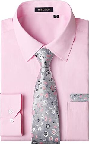 HISDERN Camicia Uomo Rosa Manica Lunga Elegante Camicia e Cravatta Casual Camicie Business Formale Camicie Matrimonio Casual con Tasca Regular L