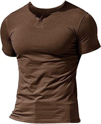 Muscle Alive Uomo Henleys Casuale Manica Corta Maglietta Singolo Pulsante abbottonatura Plain v Neck Camicie in Cotone Marrone L