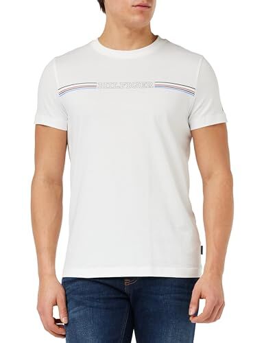 Tommy Hilfiger T-shirt Maniche Corte Uomo Stripe Chest Tee Scollo Rotondo, Bianco (White), XXL