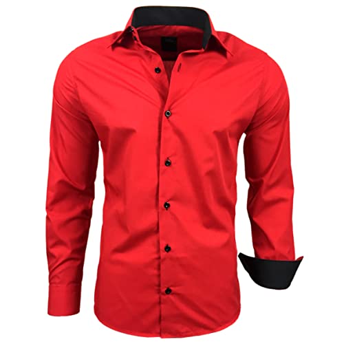 Subliminal Mode Stiratura Facile Camicia Uomo Collo Bicolore Tinta Unita Manica Lunga Taglio Slim Business Idea Regalo, Natale, San Valentino RN44, rosso, L