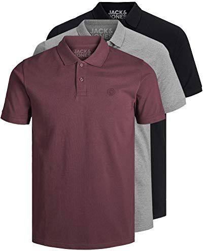 Jack & Jones Confezione da 3 polo da uomo slim fit, a maniche corte, colore nero, bianco, blu, grigio, taglie: XS, S, M, L, XL, XXL, M