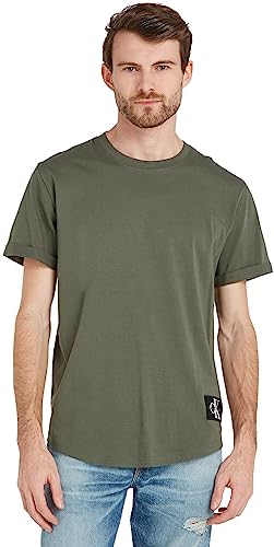 Calvin Klein T-shirt Maniche Corte Uomo Badge Turn Up Sleeve Scollo Rotondo, Verde (Thyme), XXS