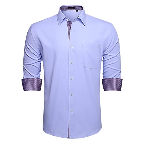 HISDERN Camicia Elegante Uomo Regular Fit Button Down Camicie Viola Lungo Sheve con Taschino