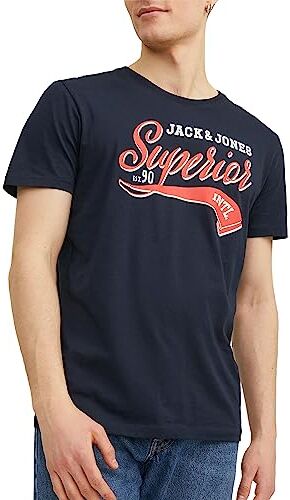 Jack & Jones JJELOGO TEE SS O-NECK 2 COL AW23 SN, T-Shirt Uomo, Blu (Navy Blazer), S