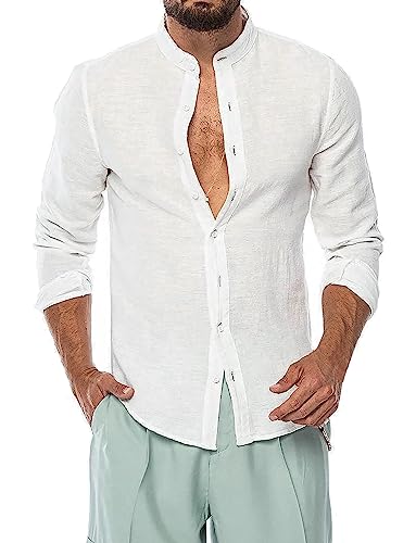 Evoga Camicia Uomo di Lino Manica Lunga Slim Fit Casual Estiva Coreana (5XL, Bianco)