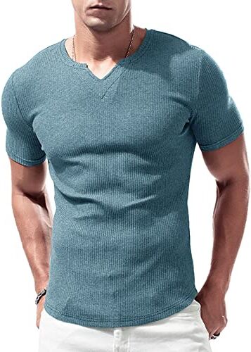 Lehmanlin Camicia a Maniche Lunghe T-Shirt Sportive da Uomo, Scollo a V Elasticizzato,vestibilità Muscolosa,Biancheria Intima Casual,bluXL