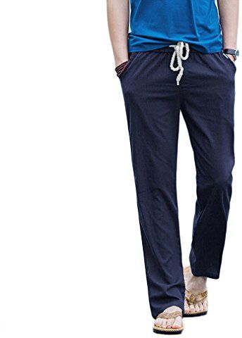 HOEREV Pantaloni Casual da Uomo in Lino,Blu-Navy,x-Large