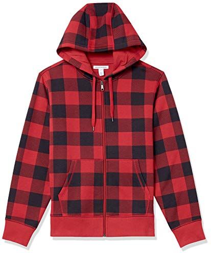 Amazon Essentials Felpa in Pile con Cappuccio e Cerniera Intera (Disponibile nelle Taglie Big & Tall) Uomo, Nero Rosso Buffalo Plaid, XS