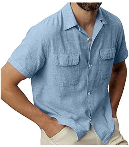 Generic Camicia da uomo a maniche corte estiva per il tempo libero, in cotone e lino, tinta unita, da lavoro, a maniche corte, Z01azzurro, M