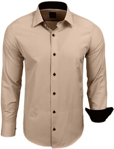 Subliminal Mode Stiratura Facile Camicia Uomo Colletto Bicolore Tinta Unita Maniche Lunghe Slim Business Idea Regalo, Natale, San Valentino RN44, beige, S