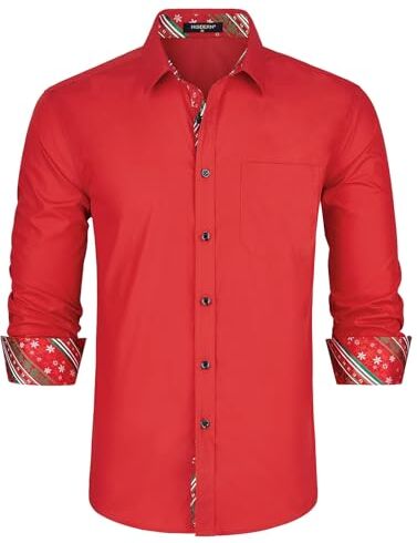 HISDERN Camicia Maniche Lunghe Uomo Slim Fit Casual Camicie Regolare Shirt Formale Camicia Rosso Natale XL