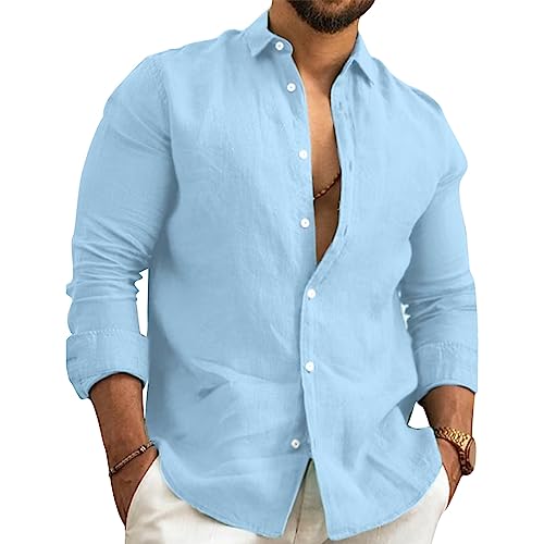 Puimentiua Camicia Lino Uomo Elegante Camicia Estiva Maniche Lunghe Camicia Coreana Uomo Tinta Unita Vacanze Beach