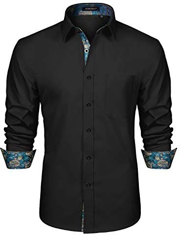 HISDERN Camicia Uomo Moda abbottonata Colletto Classico Manica Lunga abbottonata Moda Slim Fit Casual Formale Nero Camicie funebri