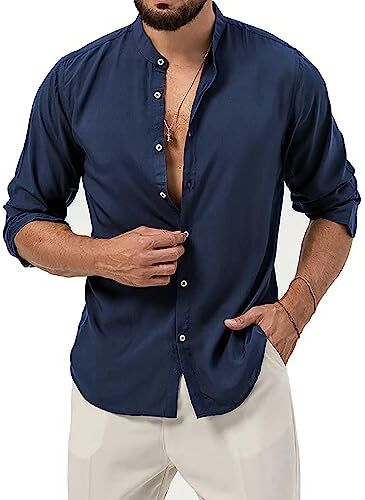 Evoga Camicia Uomo di Lino Manica Lunga Slim Fit Casual Estiva Coreana (6XL, Blu)