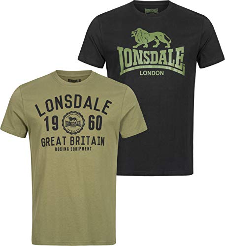 Lonsdale Uomo Bangor Double Pack T-Shirt, Black/Olive, Large