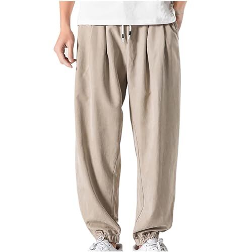 HAOLEI Pantaloni Sportivi Cargo in Tinta Unita e Lino Classico da Uomo Pantaloni Moda Spiaggia Larghi Pantaloni Estivi Taglie Forti Coulisse Pantaloni Tuta Eleganti Elasticizzati Pantaloni Lino con Tasche