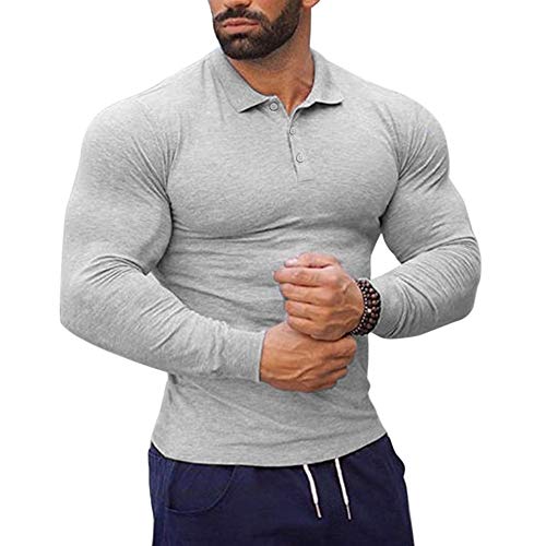palglg Uomo Manica Lunga Casual Magliette Camicie Tee con Polo Elastico Cotone Grigio XL