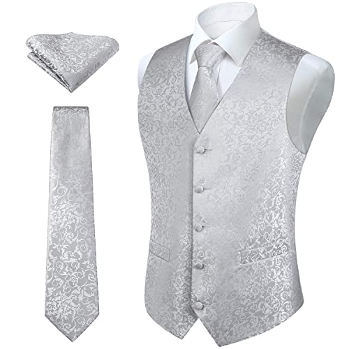 HISDERN Set di gilet e cravatta jacquard floreali classici da uomo in paisley floreale e tasca quadrata