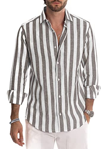 Meilicloth Camicia Uomo a Righe Cotone Manica Lunga Casual Lino Trama Western Regular Fit Marrone Bianca XXL