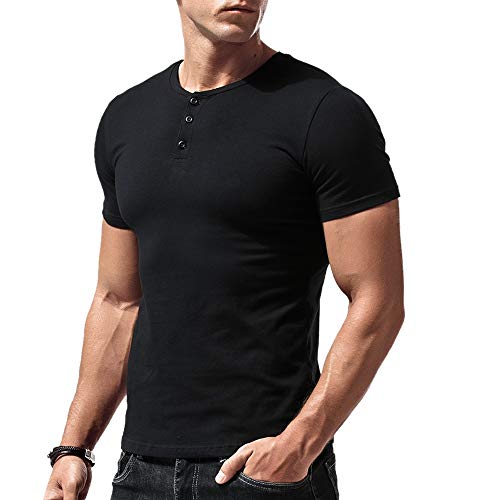 palglg Uomo vestibilità Slim Manica Short Henley Maglietta Casuale Scollo a V. Magliette Cotone Nero XL