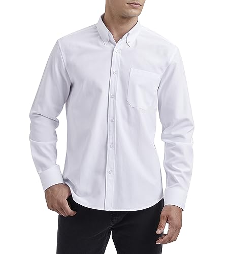 HISDERN Camicia da Uomo a Maniche Lunghe Bianco Oxford Camicie con Tasche Classiche Casual Cotone Camicia Regular Fit 4XL