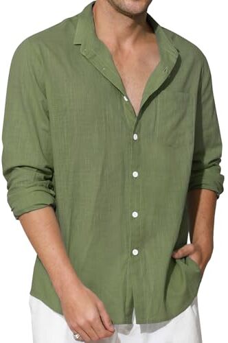 Enlision Camicia Lino Uomo Manica Lunga Estiva Camicie Verde Oliva Collo Coreana di Cotone Henley Shirts a Bottoni Tinta Unita Elegante Casual 3XL