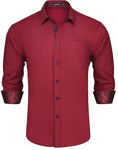 HISDERN Camicia Maniche Lunghe Uomo Slim Fit Casual Camicie Regolare Shirt Formale Camicia Borgogna 4XL