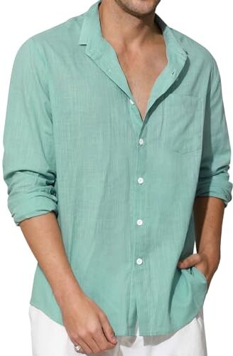 Enlision Camicia in Lino Cotone Uomo Manica Lunga Estiva Camicie Verde Menta Collo Coreana Henley Shirts a Bottoni Tinta Unita Elegante Casual 2XL