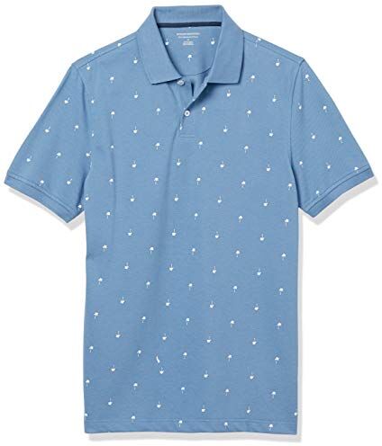 Amazon Essentials Polo in piqué di Cotone Slim Uomo, Blu Stampa Palme, M