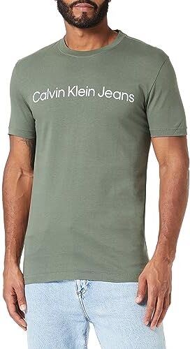 Calvin Klein INSTITUTIONAL Logo Slim Tee  Magliette a Maniche Corte, Verde (Thyme/Bright White), XS Uomo