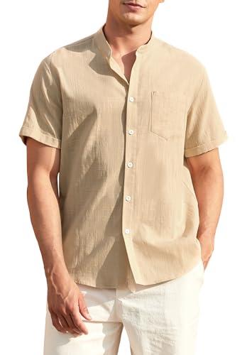 Enlision Camicia da Uomo Beige Maniche Corte Uomo Camicia in Lino Cotone con Bottoni Tasche Casual Estive Beach Henley Shirt in Tinta Unita XL