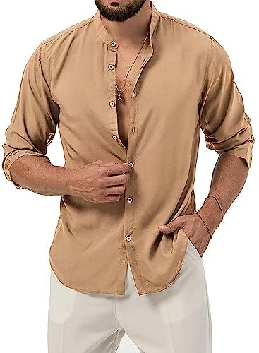 Evoga Camicia Uomo di Lino Manica Lunga Slim Fit Casual Estiva Coreana (XXL, Beige)