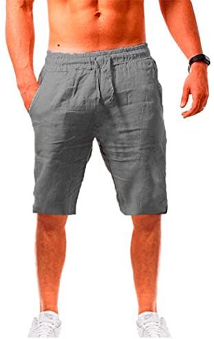 U/D Pantaloncini da spiaggia estivi da uomo in lino casual dalla vestibilità classica con coulisse (XL, grigio)