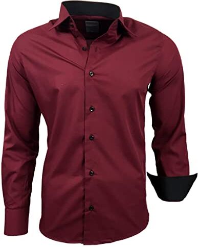 Subliminal Mode Stiratura Facile Camicia Uomo Colletto Bicolore Tinta Unita Maniche Lunghe Slim Business Idea Regalo, Natale, San Valentino RN44, bordeaux, XXL