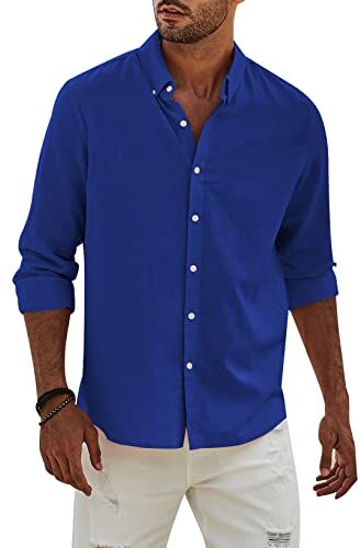 APOONABA Camicia Lino Uomo Manica Lunga Business Cotone Shirts con Bottoni Casual Tinta Unita Classica Elegante Camicia Regular Fit Molla Autunno Estate Blu M