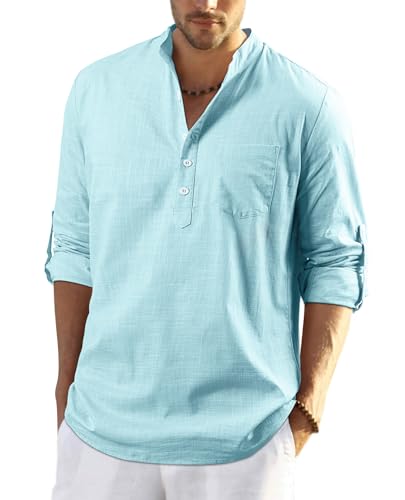 Enlision Camicia Lino Uomo Blu Acqua Estate Elegante Casual Maniche Lunghe Henley Shirt con Scollo A V Camicie con Bottoni Spiaggia T Shirt M