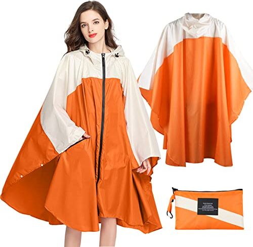 Lively Life Poncho Pioggia Impermeabile per Adulti, Multiuso Mantella Antipioggia con Cappuccio Packable Telo Riparo a Terra Foglio Ideale per Campeggio all'aperto Pesca Bianco e Arancione