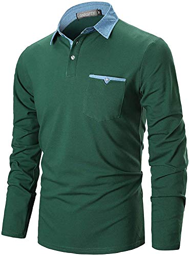 GNRSPTY Polo Manica Lunga Uomo Maglietta Denim Collare Maglia Elegante Cotone T-Shirt Golf Tennis Lavoro Camicia,Verde,XL