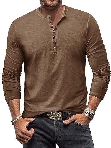 RQPYQF Maglietta da Uomo Manica Lunghe Casuale Henley Shirt Uomo t Shirt Vintage Uomo CS07 Taglia S-XXL (Cachi, S)