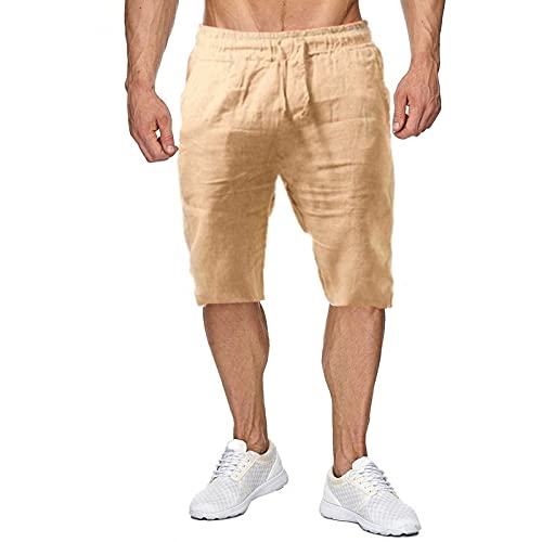 U/D Pantaloncini da spiaggia estivi da uomo in lino casual dalla vestibilità classica con coulisse (L, Beige)