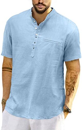 Meilicloth Camicia Lino Uomo Coreana Cotone Manica Corta Estiva Henley Casual con Bottoni Regular Fit Blu M