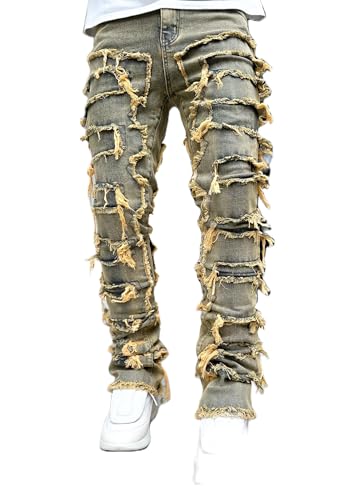 Geagodelia Jeans da Uomo Strappati Slim Fit Pantaloni in Denim Casual Hip-Hop per Uomo Ragazzo S-XXL Regalo (Giallo, M)
