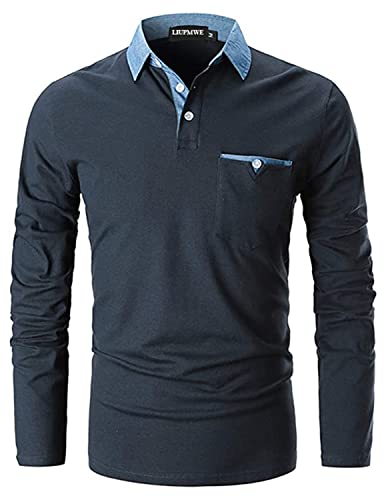 LIUPMWE Polo Uomo Manica Lunga Maglietta Cuciture in Denim Collare Cotone Basic Golf Casual T-Shirt,a-Blu,XL